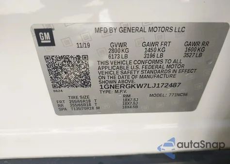 2020 Chevrolet Traverse Fwd Lt Cloth z USA, uszkodzony, nr VIN 1GNERGKW7LJ172487